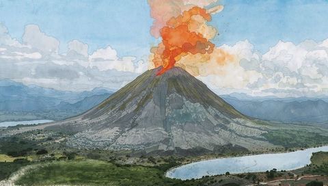 Fiery volcano erupting near serene lake surrounded by farmland