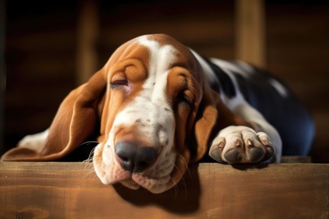 Portrait of cute basset hound sleeping on wood, created using generative ai technology. Animal, pet and dog concept digitally generated image.