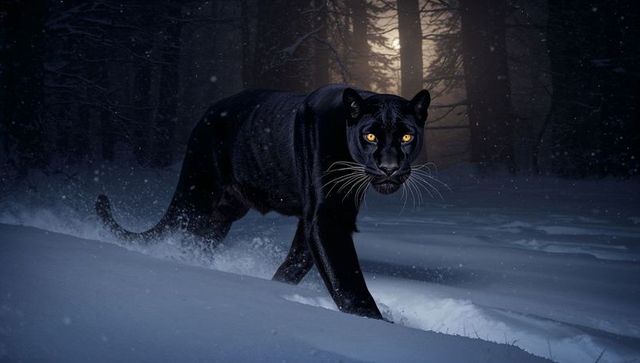 Black panther stalking snowy evergreen forest under moonlight with amber eyes