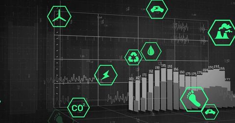 Neon analytics dashboard visualizing 3d bar chart, waveforms, and sustainability metrics