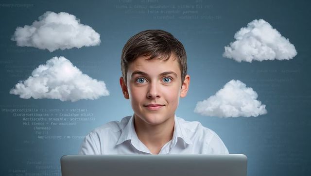Teen Programmer Working on Laptop Surrounded by Digital Clouds