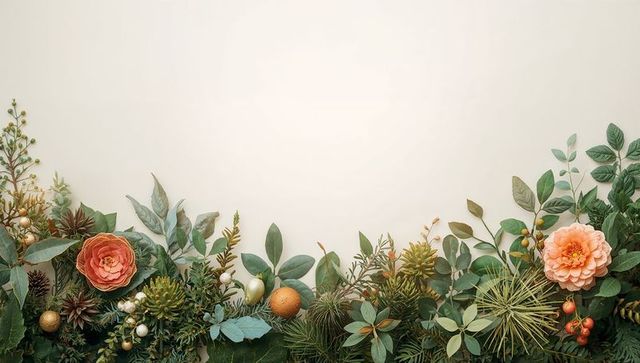 Festive garland with peach roses, pinecones and gold ornaments on cream background