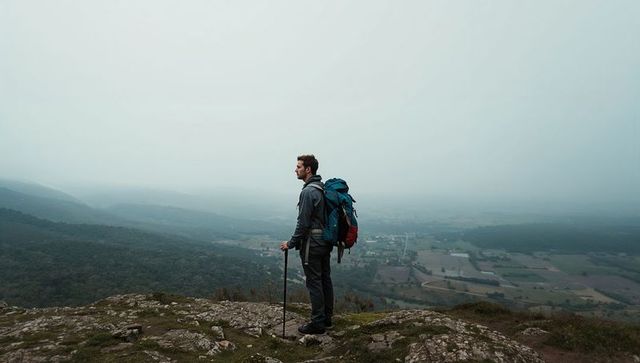 Solo hiker surveying misty valley from rocky ridge with trekking pole and large backpack