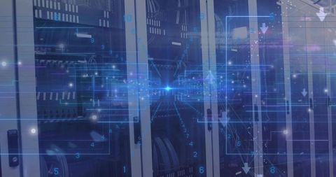 Central data center racks powering high-speed network visualization with blue data overlay