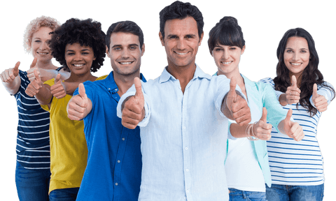 Diverse team celebrating success with thumbs up gesture on transparent background