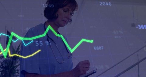 Healthcare professional analyzing medical data with graph overlay