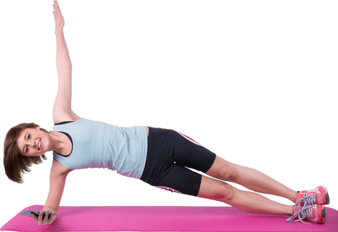 transparent fitness woman executing side plank on pink mat - Download Free Stock Videos Pikwizard.com