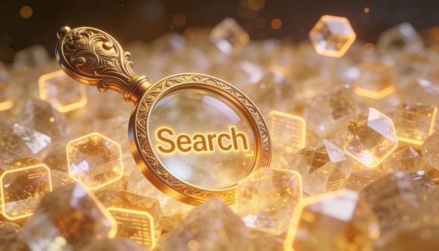 Ornate gold magnifier over glowing data crystals highlighting search, discovery, ai insight