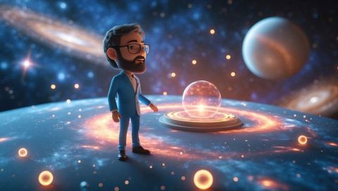 Futuristic astrophysicist observing holographic universe projection