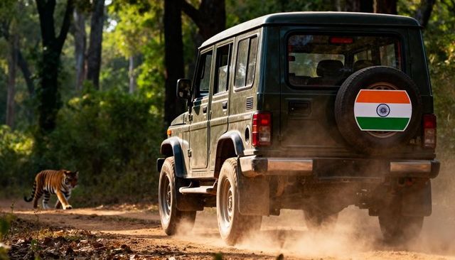 Suv driving through indian jungle trail with bengal tiger nearby, dusty off-road safari