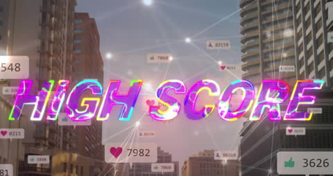 Animated High Score Text Overlaid on Cityscape