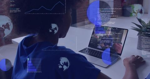 Woman coding remotely while analyzing data visualizations and charts on laptop collaborating online