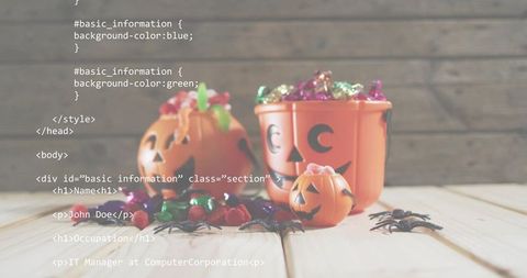 Spilling halloween pumpkin buckets with candy and spiders on rustic wood with code overlay