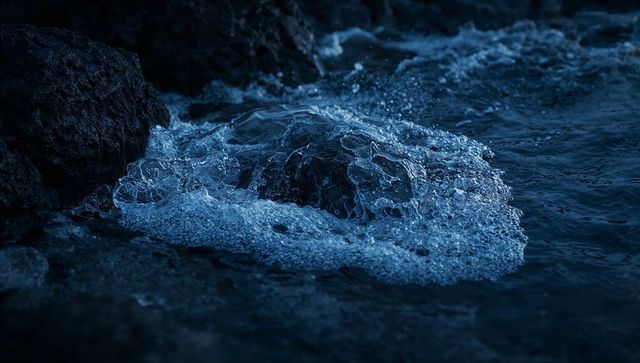 Glasslike wave forming over rock at blue hour on rocky shoreline