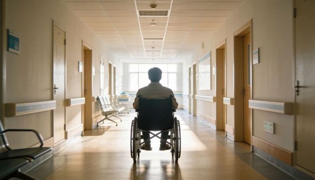 Man sitting in wheelchair in sunlit hospital corridor backlit silhouette serene scene