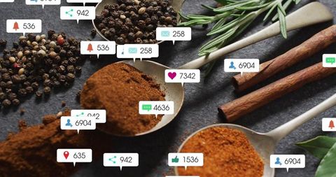 Showing social media engagement overlays on assorted spices with spoons and fresh herbs
