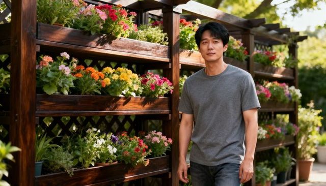 Urban gardener standing by sunlit wooden planter shelves filled with colorful flowers