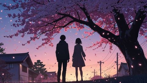 Teenage lovers enjoys evening under cherry blossoms in japan