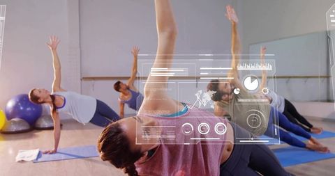 Women Performing Side-Plank in Group Fitness Class with Futuristic HUD Overlay