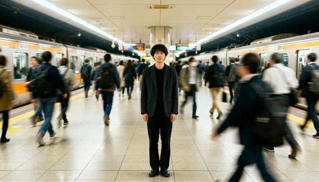 Solo commuter standing on busy subway platform with motion-blurred crowds and orange-striped trains