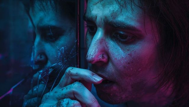 Tense reflection against cracked neon-lit glass