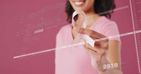Woman holding pink ribbon with data overlay for breast cancer awareness campaign