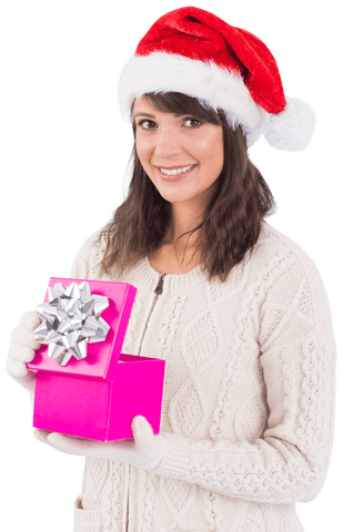 Woman in Santa Hat Holding Transparent Christmas Gift Box