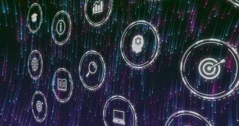 Futuristic Digital Network with Tech Icons and Data Visualizations