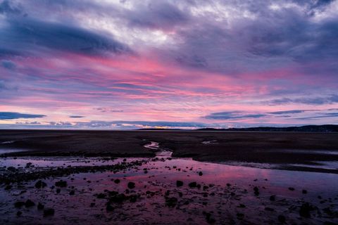 Coastal sky painting glowing pink and purple reflecting on mudflats at sunset