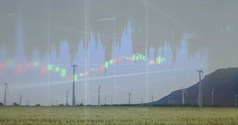 Wind turbines turning over farmland with market chart overlay showing renewable energy growth