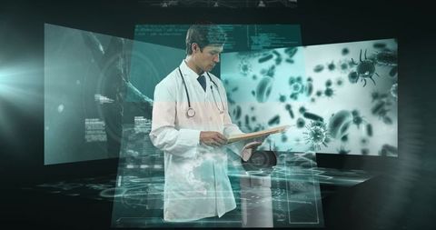 Doctor Analyzing Data in Futuristic Medical Interface