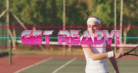 Energetic Tennis Player on Outdoor Court with Vibrant Text
