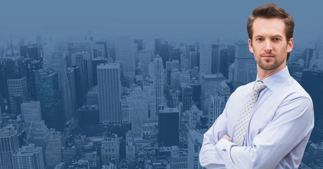Digital composite image of businessman standing with arms crossed against cityscape