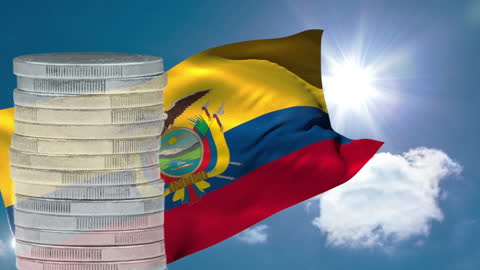 Coins Stacked with Ecuadorian Flag in Background under Sun