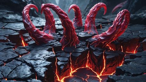 Emerging demonic red tentacles in lava-cracked volcanic landscape