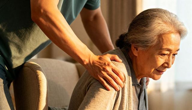 Adult child comforting senior woman with gentle shoulder touch in sunlit home care moment