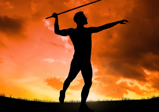 Digital composition of male athlete throwing javelin against cloudy sky at dusk