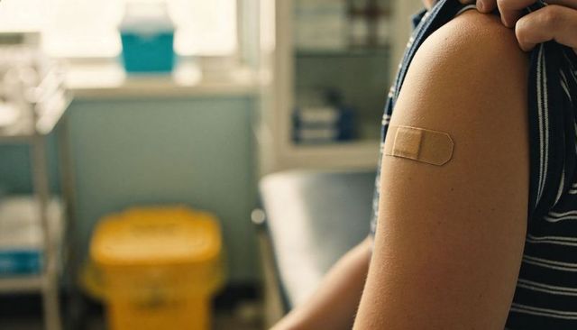 Adult Showing Vaccination Bandage at Clinic with Sharps Bin and Medical Equipment