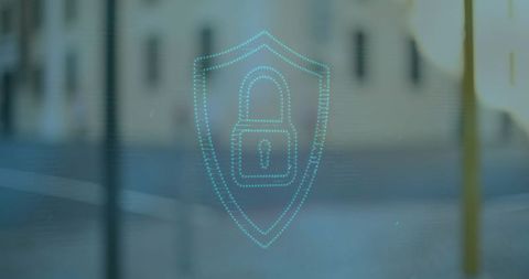 Holographic Shield Icon with Padlock Over City Street Backdrop