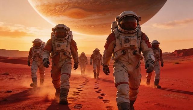 Astronaut Expedition Crossing Red Desert with Massive Gas Giant Looming Overhead