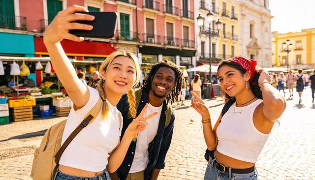 Smiling diverse friends taking selfie at sunlit cobblestone market plaza with backpacks