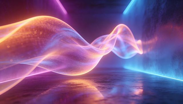 Luminous neon ribbon flowing through futuristic corridor with gradient reflections