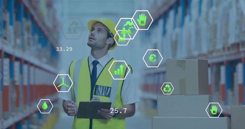 Warehouse supervisor inspecting inventory with digital logistics, sustainability overlays