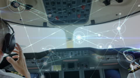 Pilots in High-Tech Cockpit with Digital Connectivity Overlay