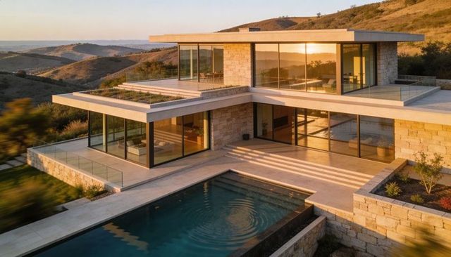 Glass-and-stone hilltop home glowing at sunset with reflecting pool and cantilever decks