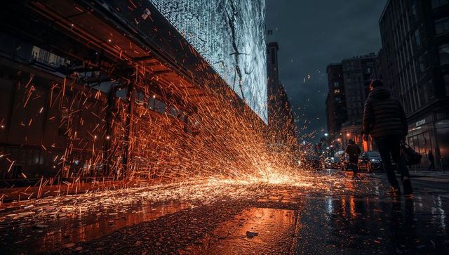 Showering sparks arcing across wet urban street under giant led billboard at night
