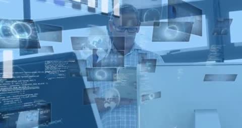 IT Professional Creating Floating UI and Data Visualizations on Tablet in Office Clip