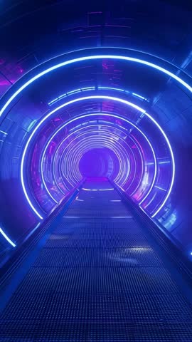Propelling Walkway Through Futuristic LED Ring Tunnel Pulsing Neon Loop Vertical Video