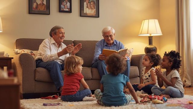 Grandfathers reading bedtime story while grandchildren gather on living room rug