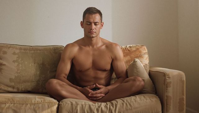Bare-chested man meditating cross-legged on beige couch in minimalist living room